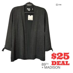 89th+Madison Charcoal Open Front Cardigan with 3/4 Sleeve Bow Detail SizeL
